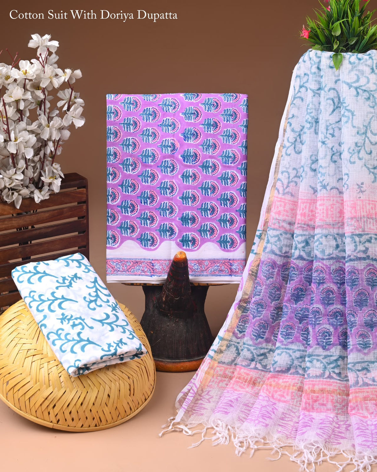 Premium Hand Block Printed Cotton Suit With Kota Doria Dupatta