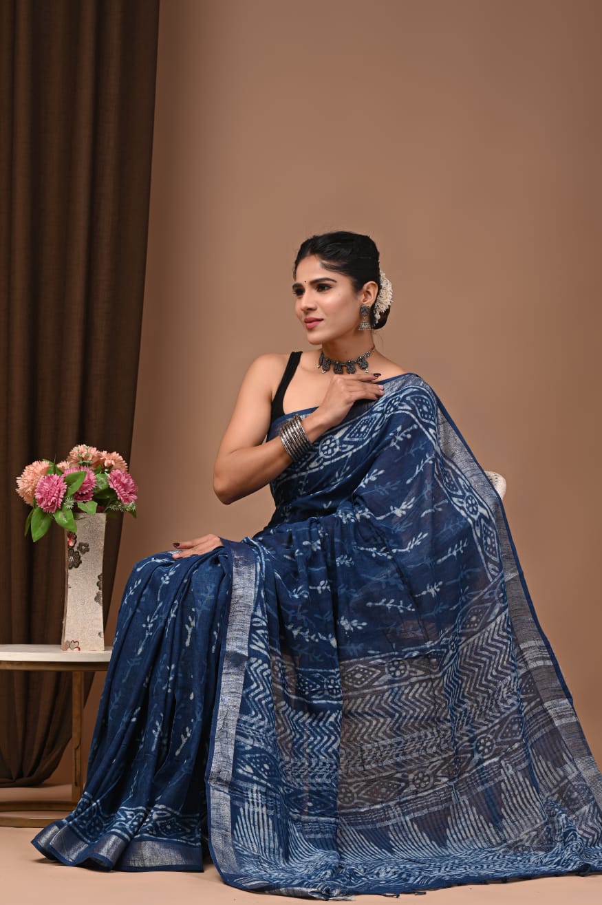 Eco-Friendly Dabu Printed Linen Saree