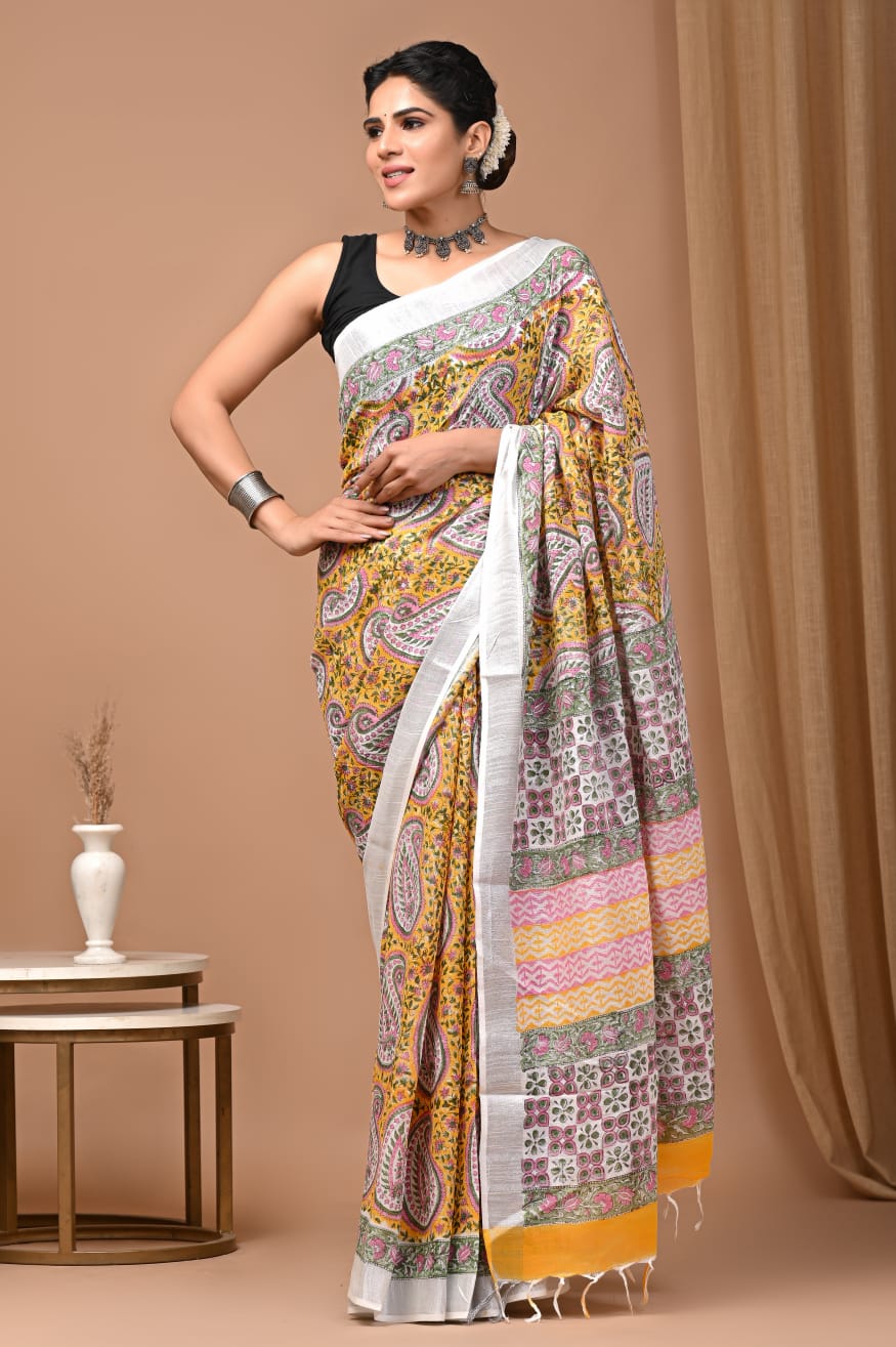 Handcrafted Dabu Print Linen Saree