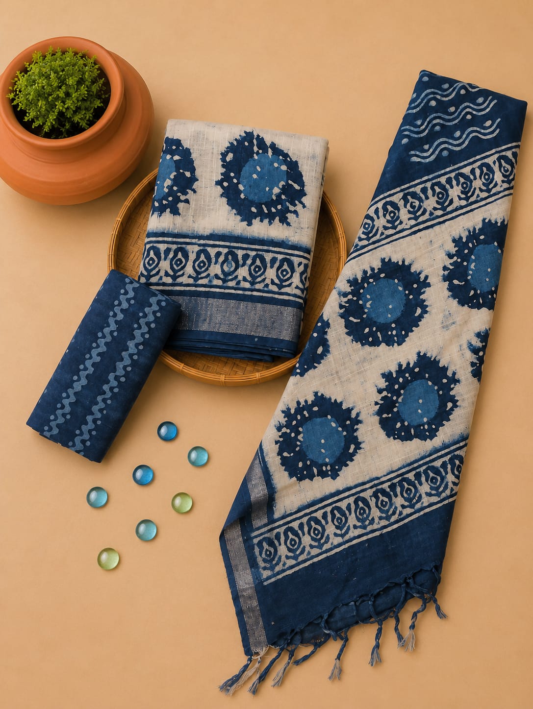 Hand Block Print Orange Lilen Suit With Lilen Dupatta