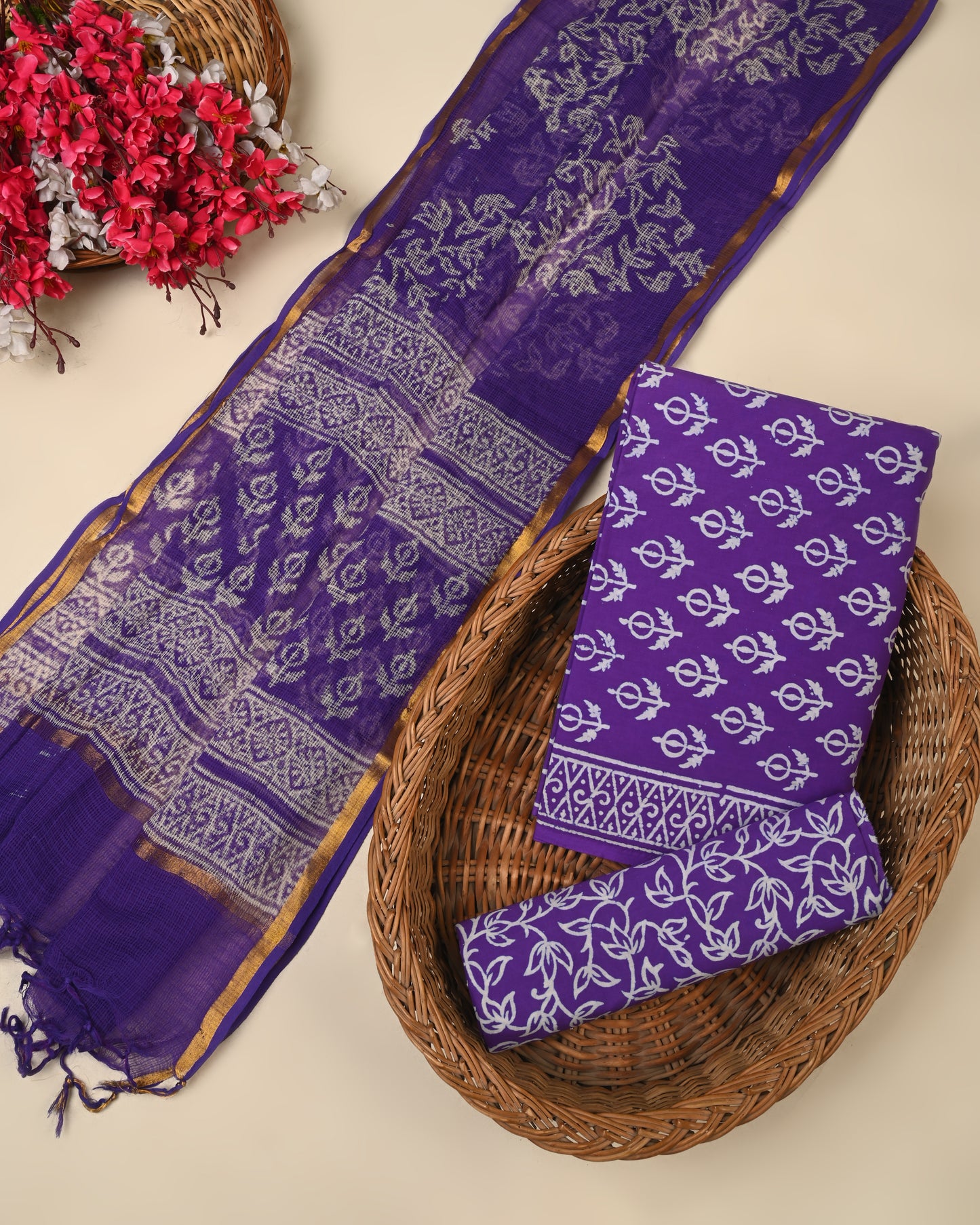 Bagru Hand Block Print Cotton Suit With Kota Doria Dupatta
