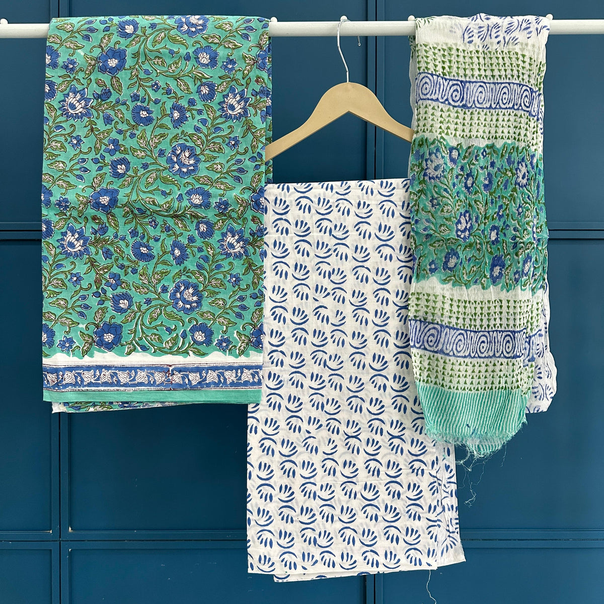 Sangneri Hand Block Print Cotton Suit With Chiffon Dupatta ( 52)