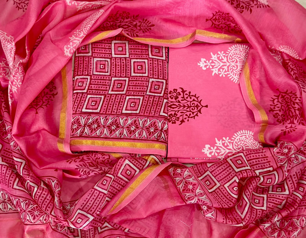 Hand Block Print Chanderi silk White Suit Set