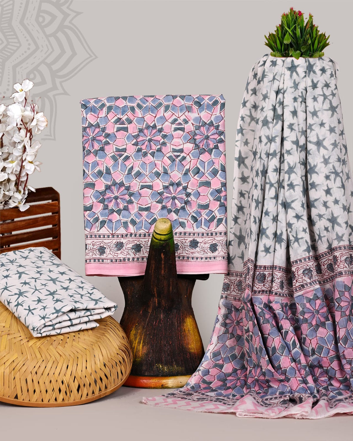 Jaipuri Print Cotton Suit With Mulmul Dupatta