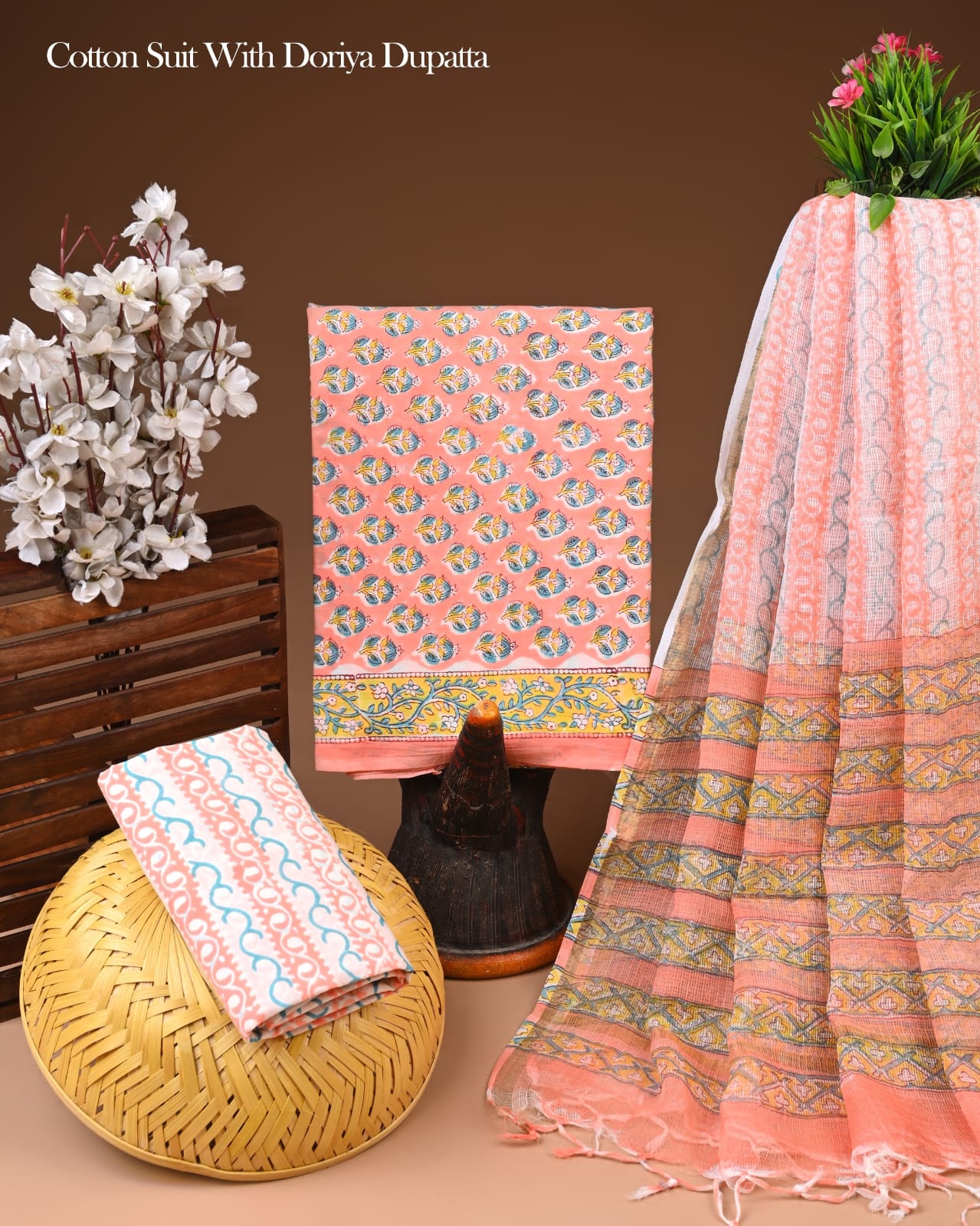Premium Hand Printed Cotton Suit With Kota Doria Dupatta