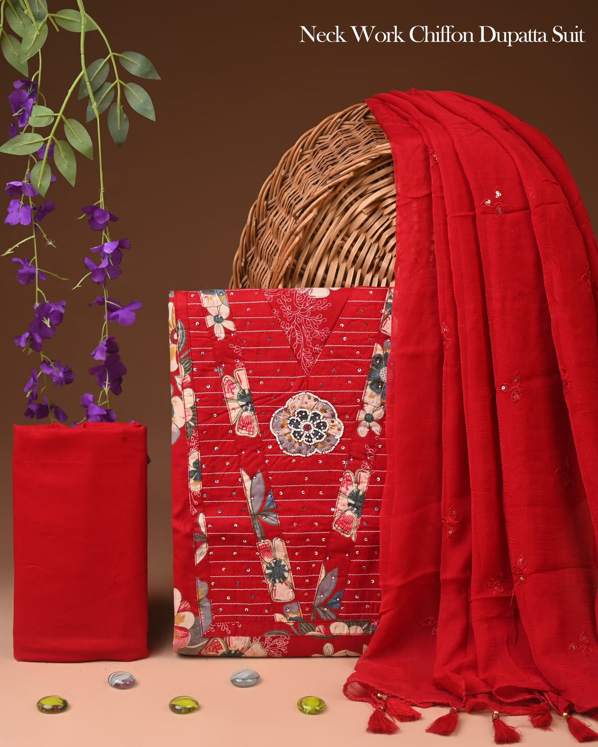 Cotton Gota Patti Work Suit With Chiffon Dupatta