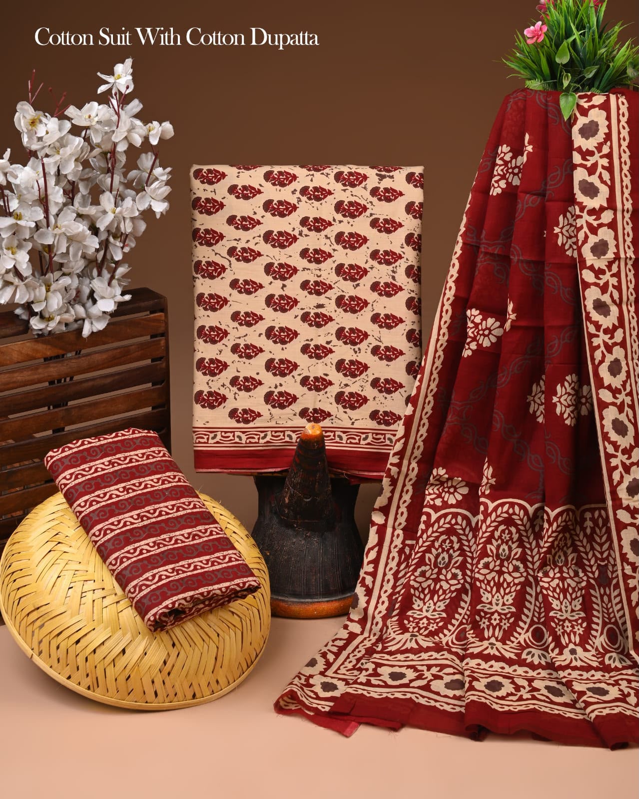 Hand Block Printed Cotton Suit With Mulmul Dupatta