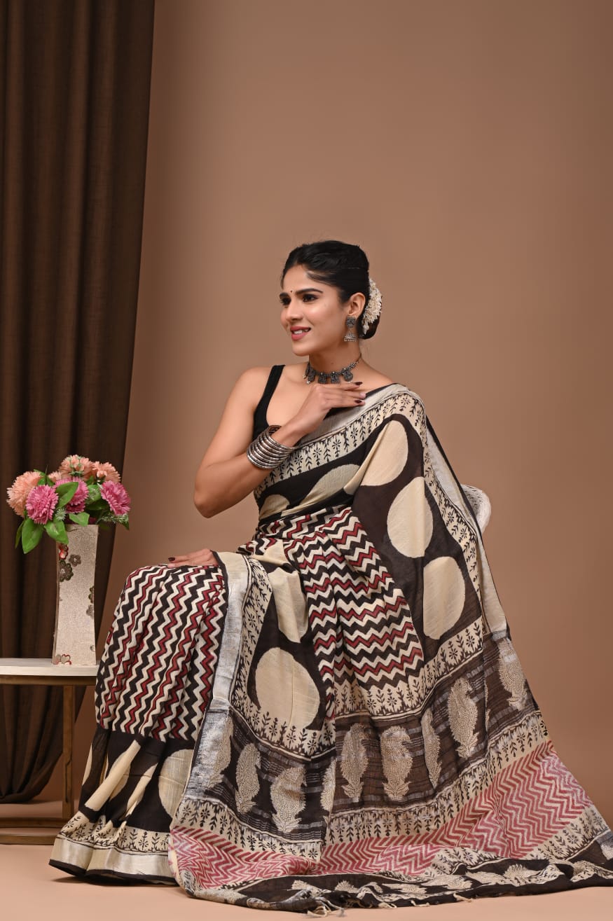 Exclusive Hand Block Printed Linen Saree