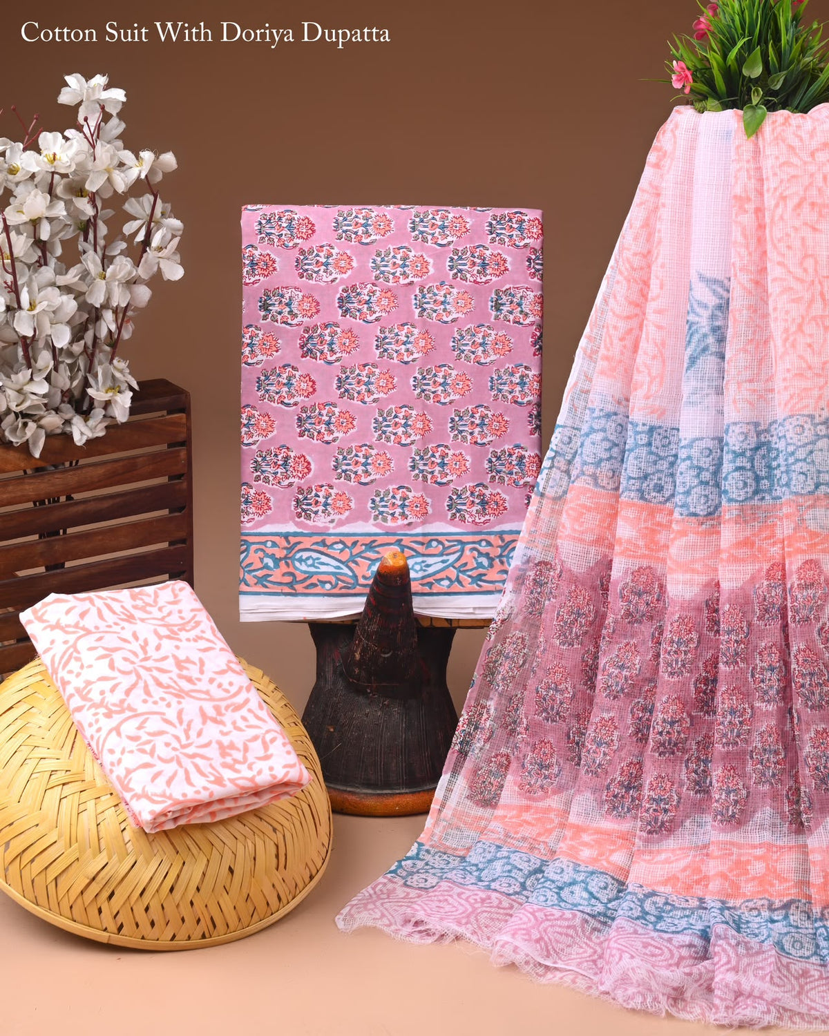 New Hand Block Printed Cotton Suit With Kota Doria Dupatta
