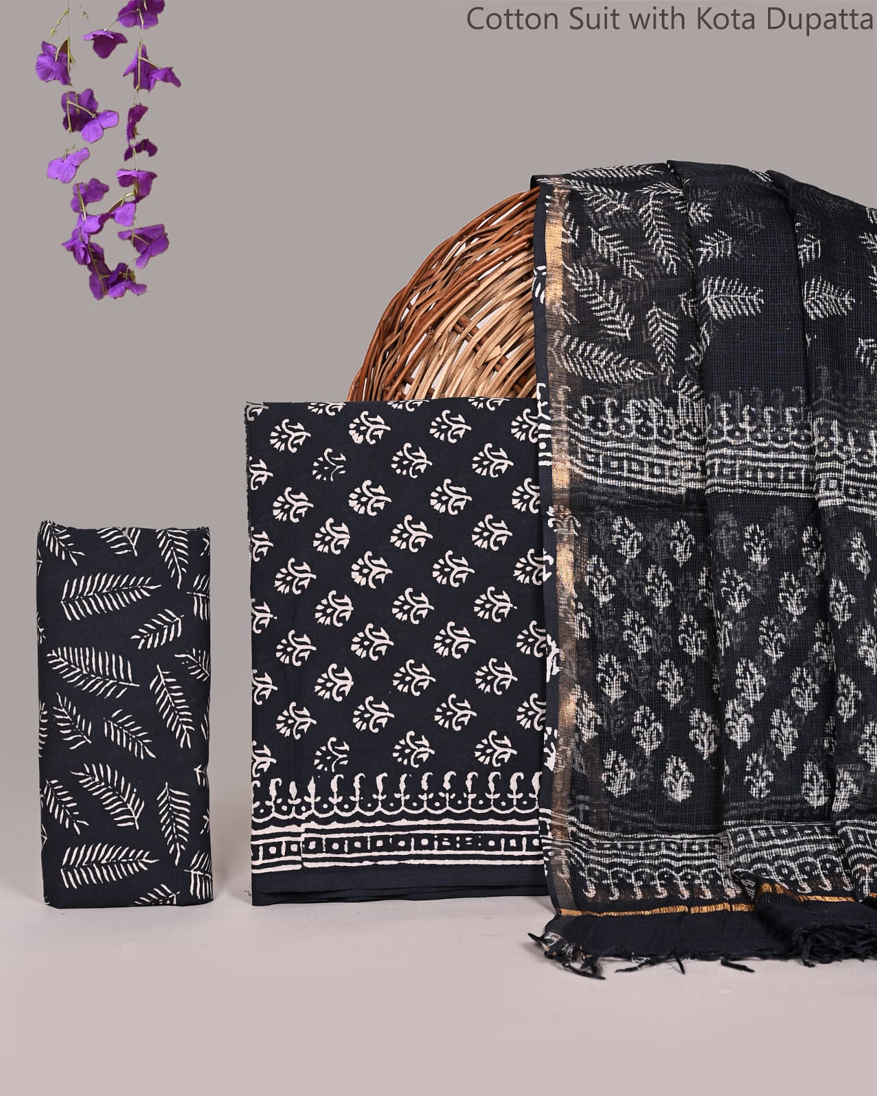 Hand Block Printed Cotton Suit With Kota Doria Dupatta