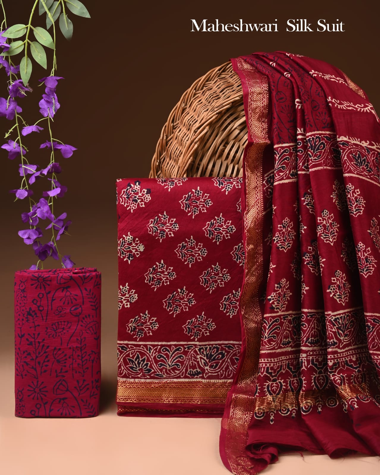 Hand Block Print Maheshwari Silk Suit Set