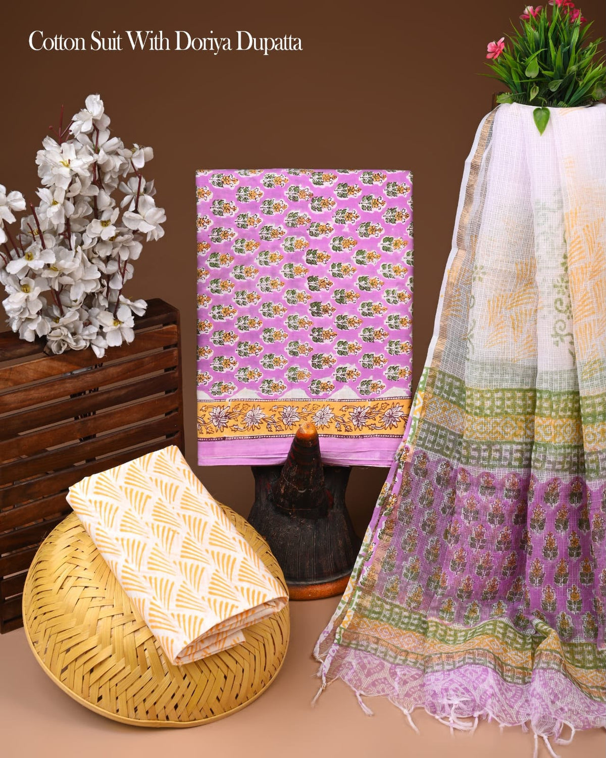 Premium Hand Block Printed Cotton Suit With Kota Doria Dupatta
