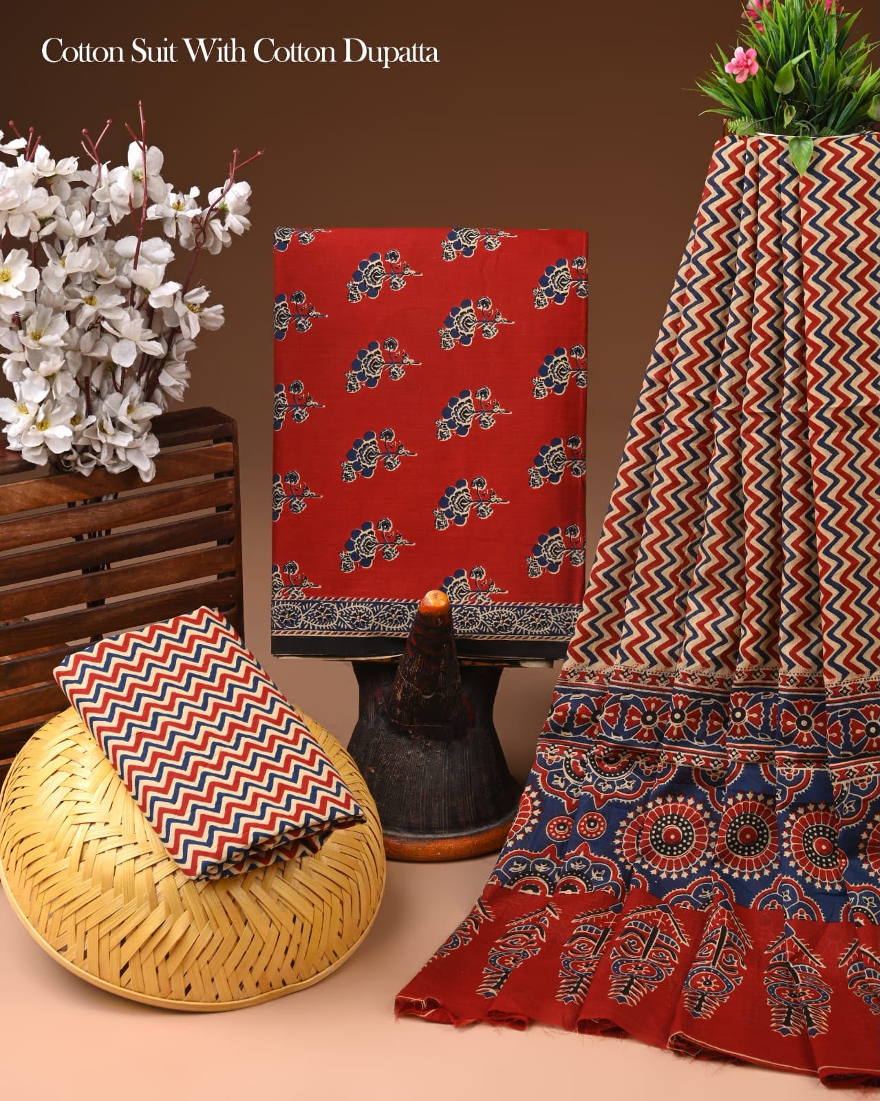 Jaipuri Print Pure Cotton Suit With Mulmul Dupatta