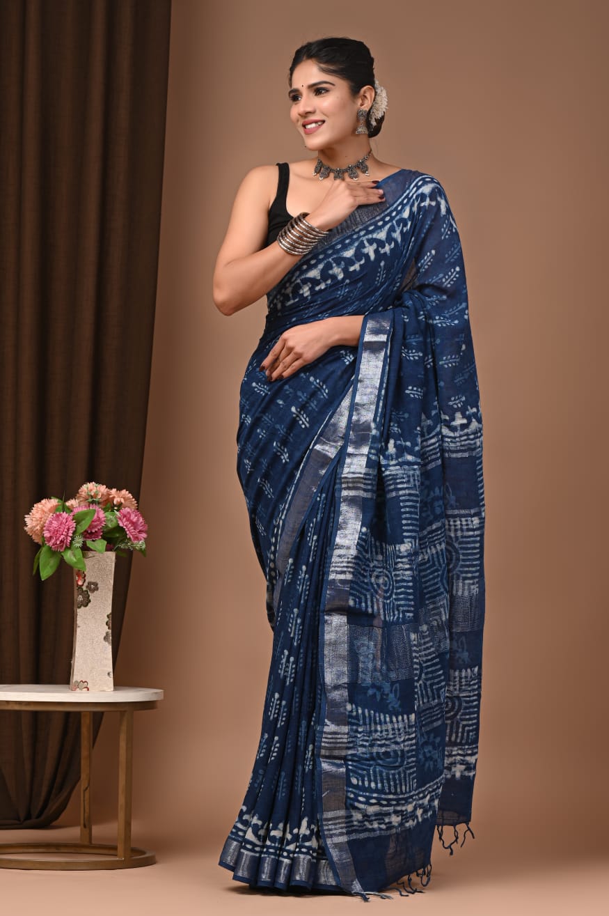 Handcrafted Linen Saree With Traditional Dabu Prints