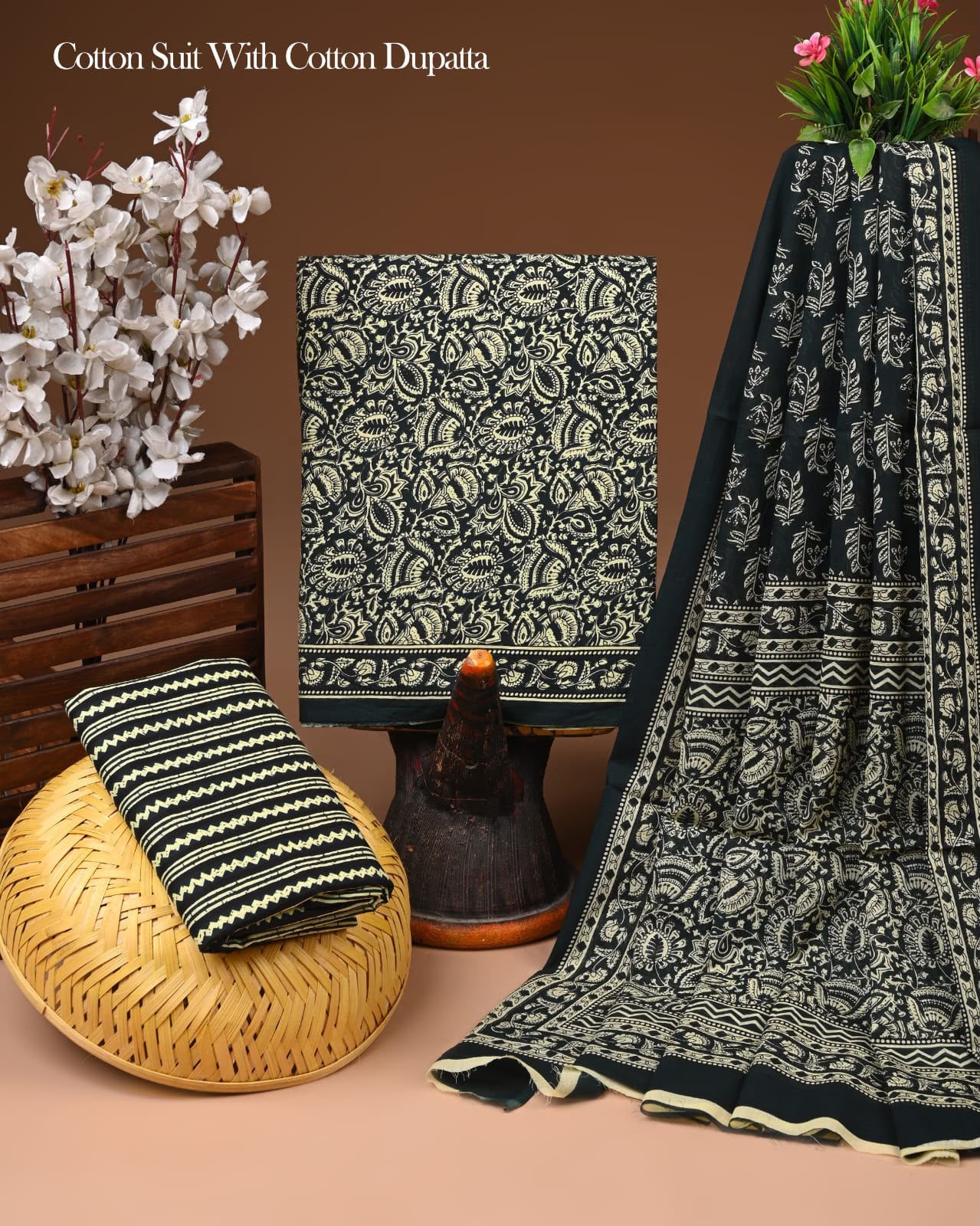 Premium Hand Block Printed Cotton Suit With Cotton Dupatta