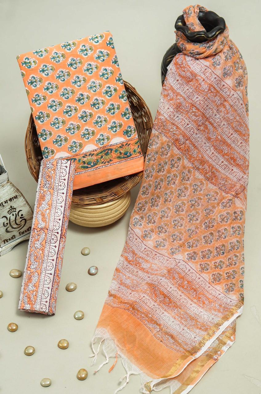 Exclusive Hand Block Printed Cotton Suit With Kota Doria Dupatta