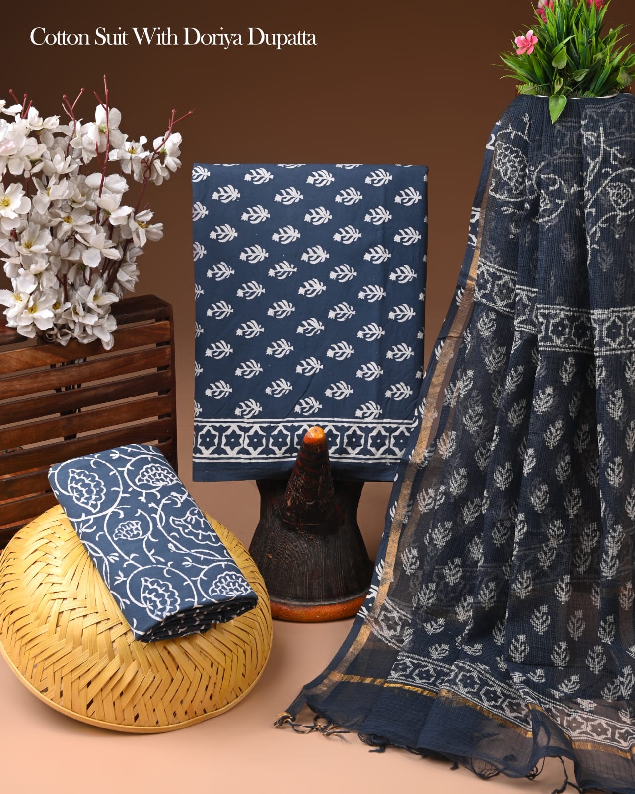 Hand Block Print Organic Cotton Suit With Kota Doria Dupatta
