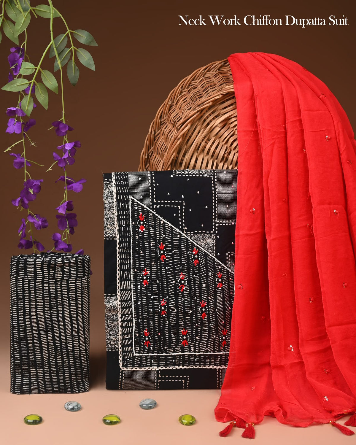 Natural Cotton Gota Patti Work Suit With Chiffon Dupatta
