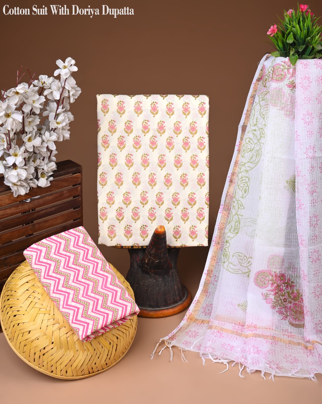 Premium Hand Block Printed Cotton Suit With Kota Doria Dupatta