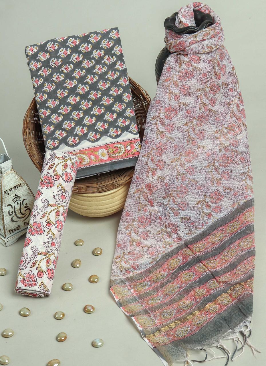 Premium Hand Print Pure Cotton Suit With Kota Doria Dupatta