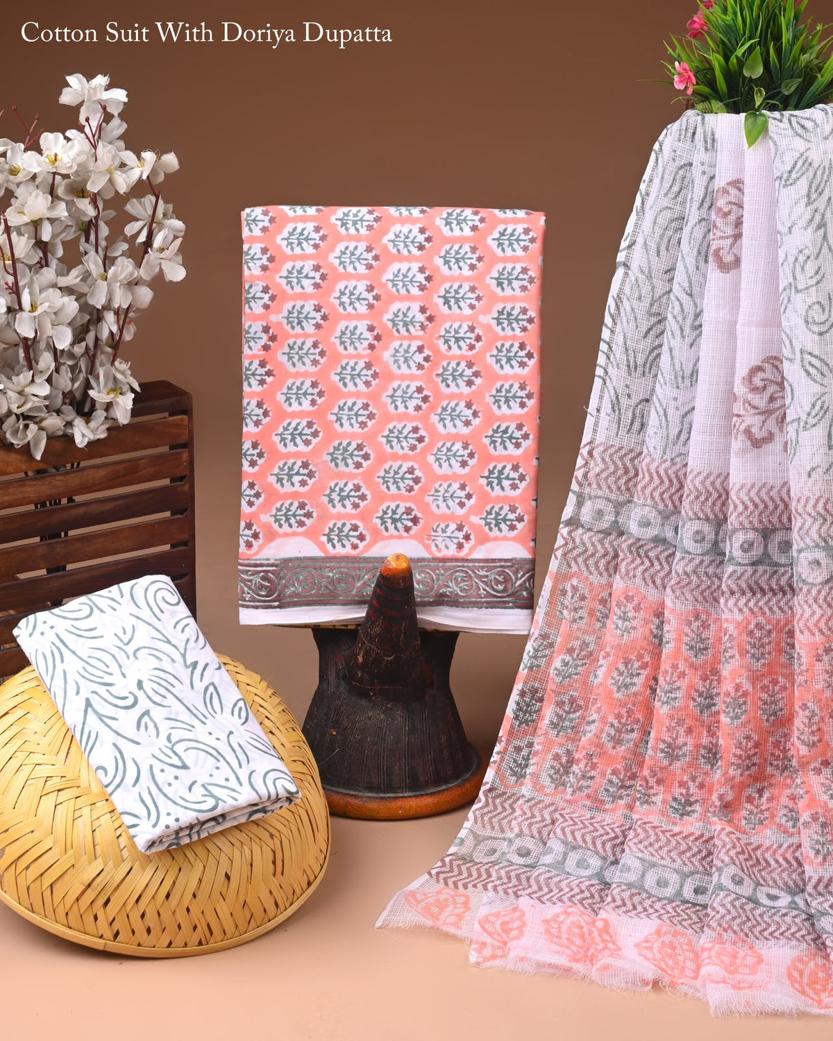 Exclusive Hand Block Printed Cotton Suit With Kota Doria Dupatta
