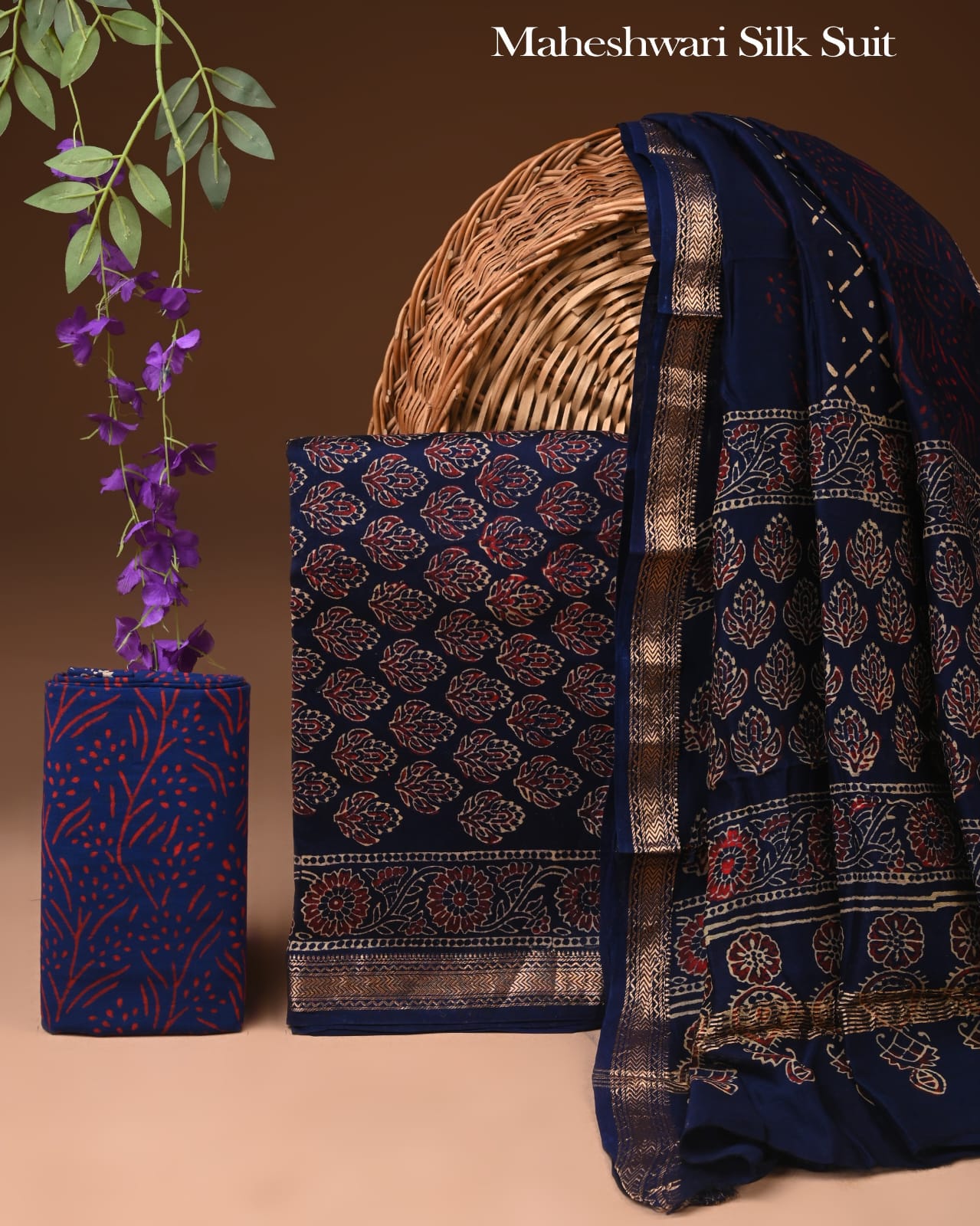 Premimu Hand Block Print Maheshwari Silk Suit