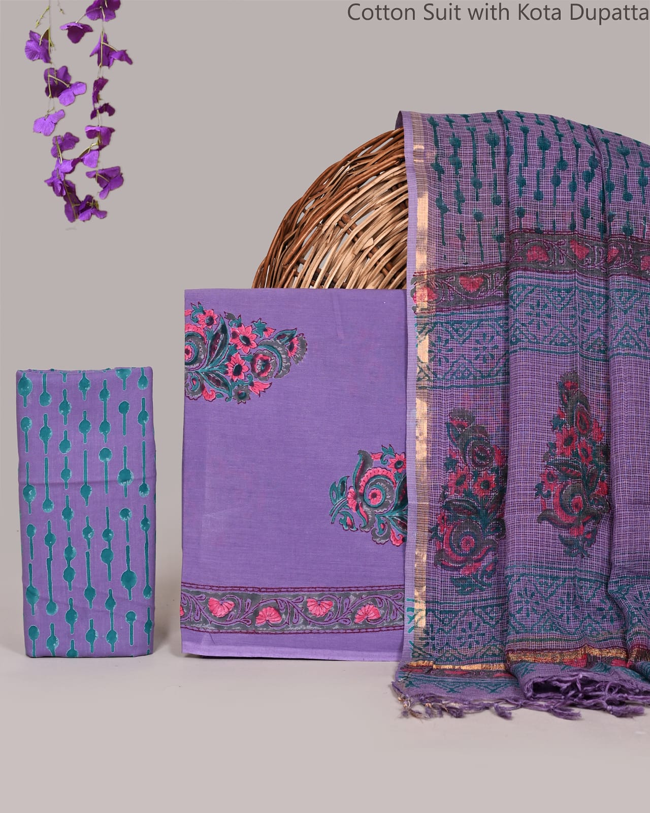 Hand Block Print Organic Cotton suit With Kota Doriya Dupatta
