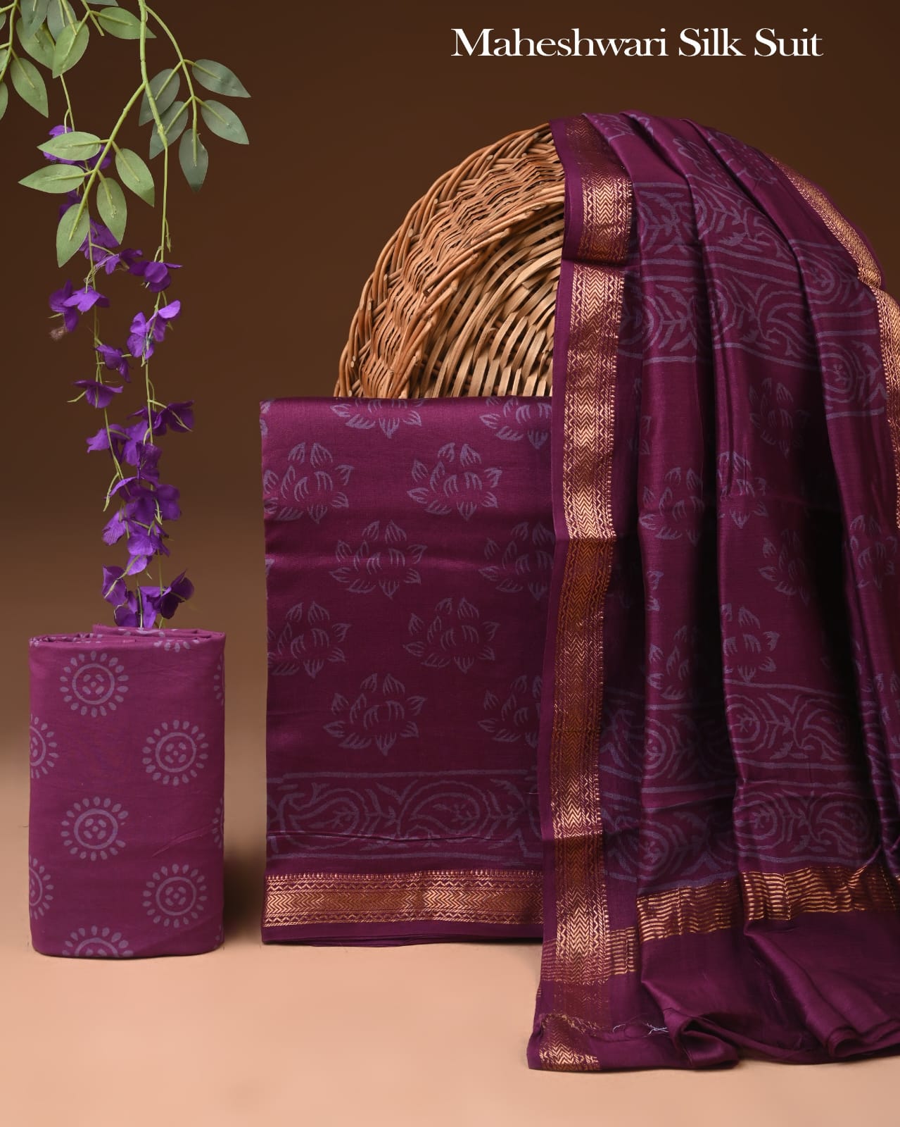 Hand Block Printed Maheshwari Silk Suit Set