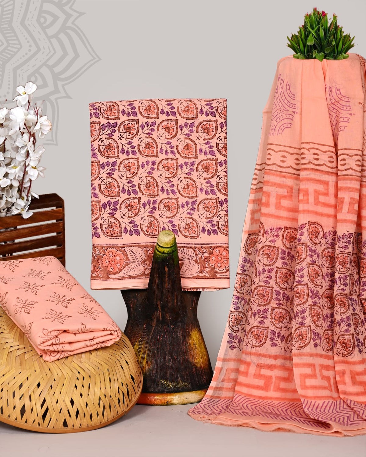 Jaipuri Print Soft Cotton Suit With Mulmul Dupatta