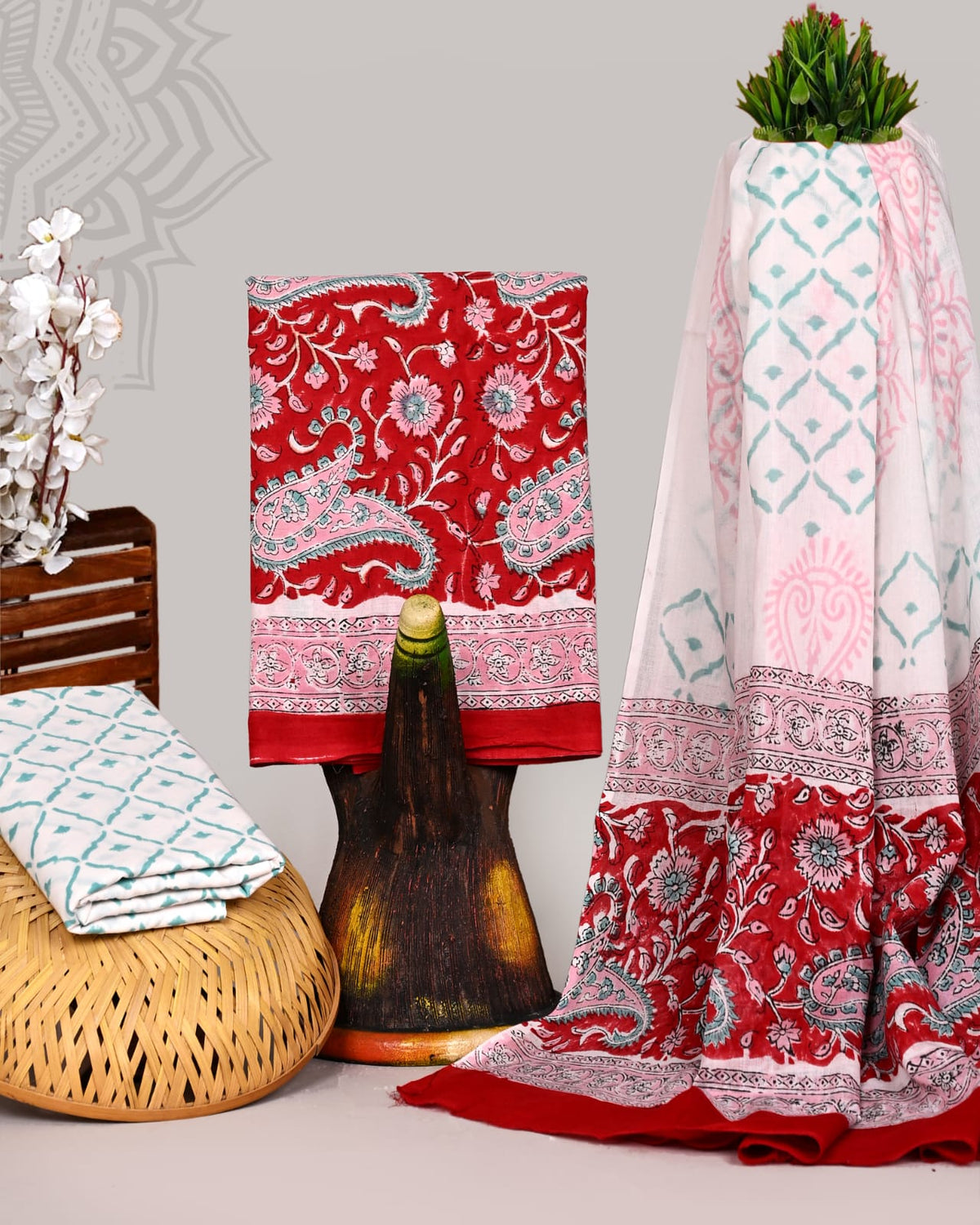 Hand Block Printed Organic Cotton Suit With Mulmul Dupatta