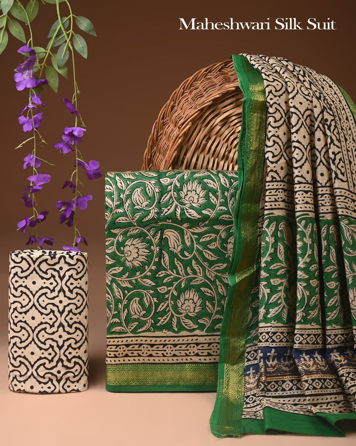 Premium Hand block Printed Maheshwari Silk Zari Border suit