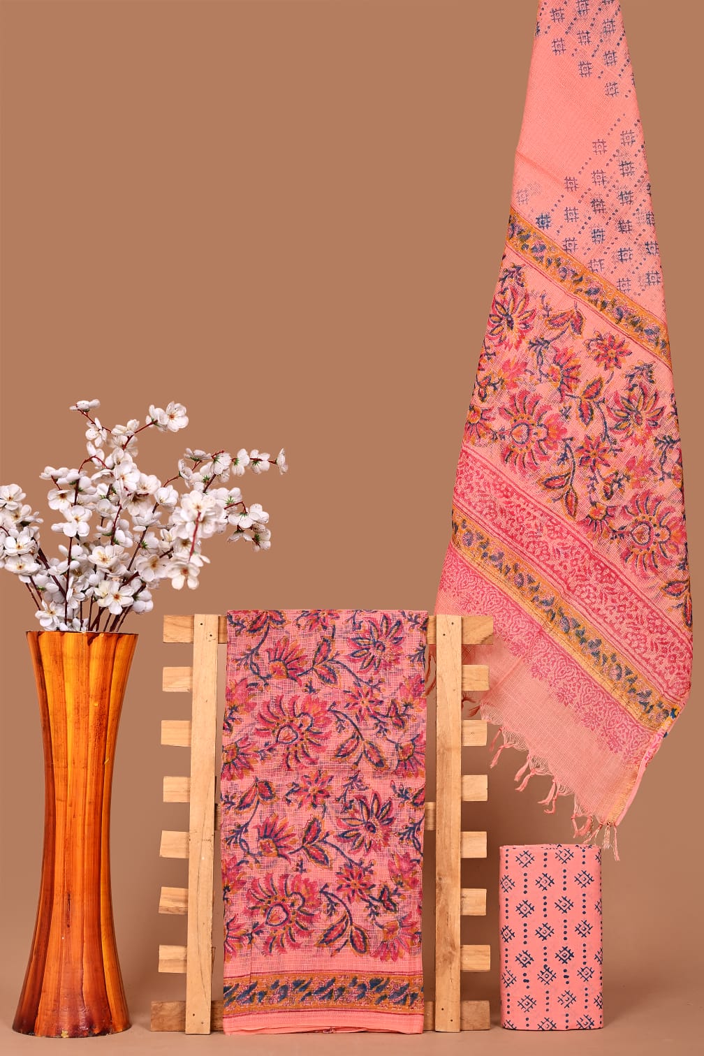 Premium Kota Cotton Hand Block Print Dress Material with Dupatta