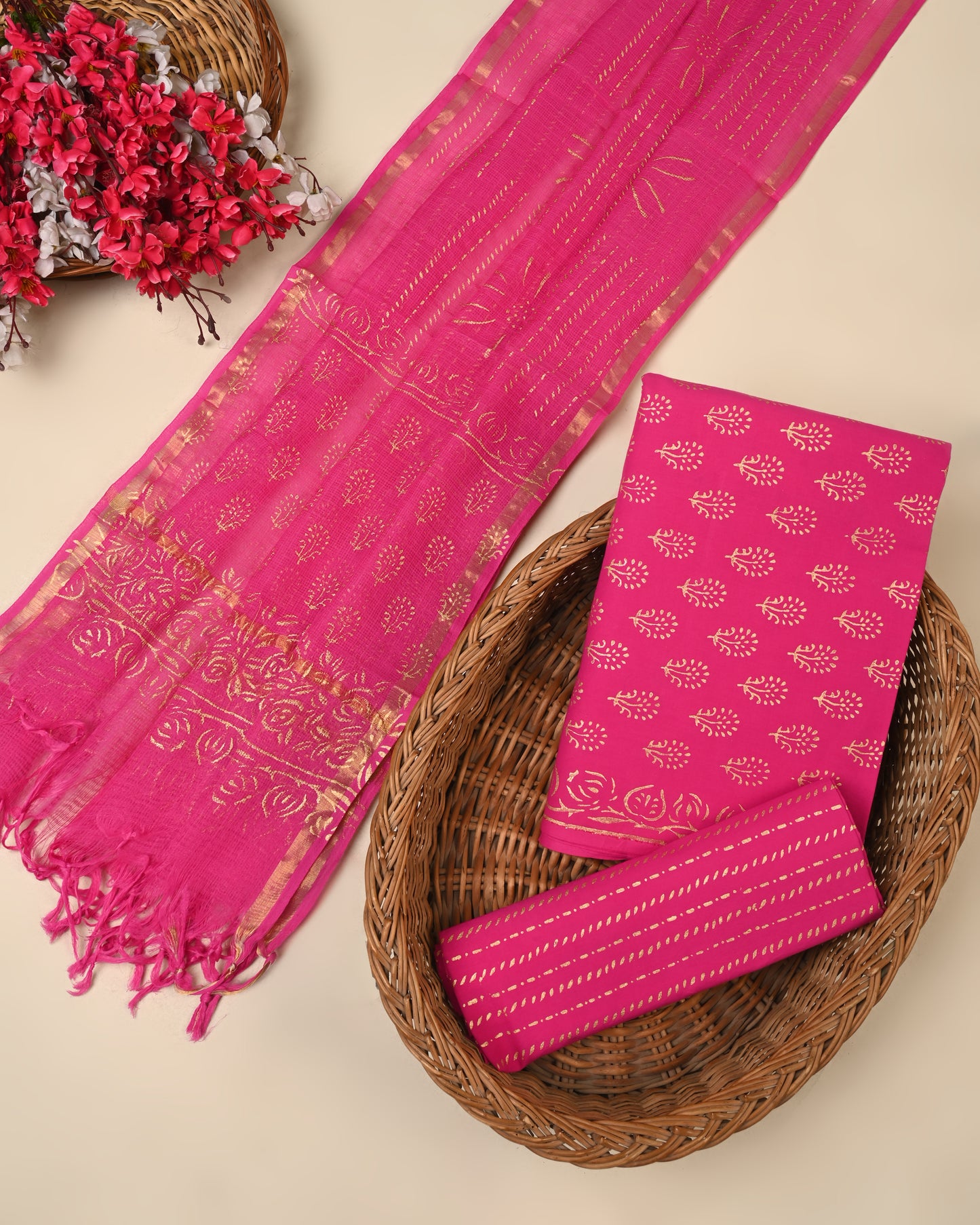 Hand Block Printed Cotton Suit With Kota Doriya Dupatta