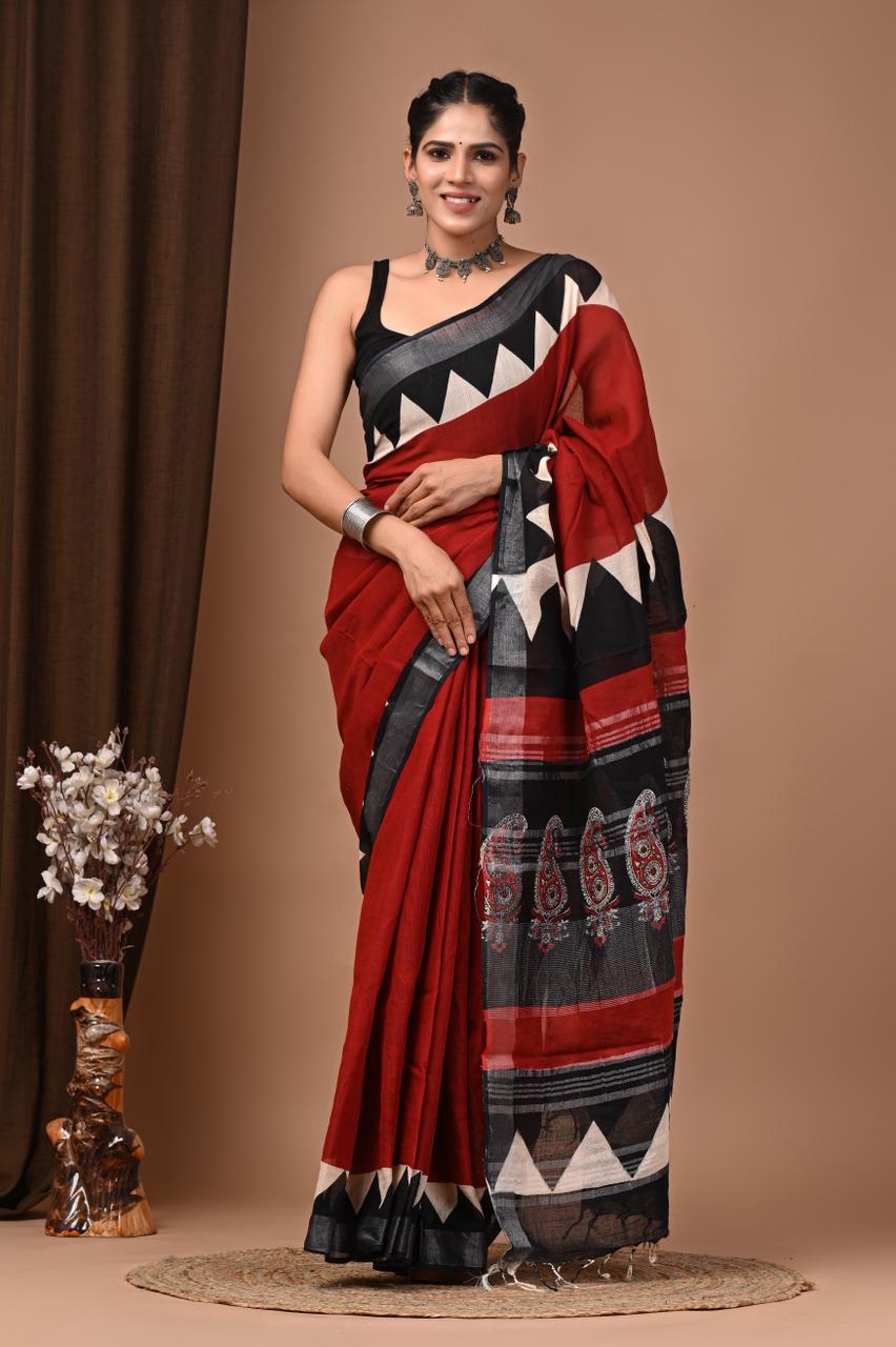 Handcrafted Linen Saree With Ethnic Prints - Pure & Timeless