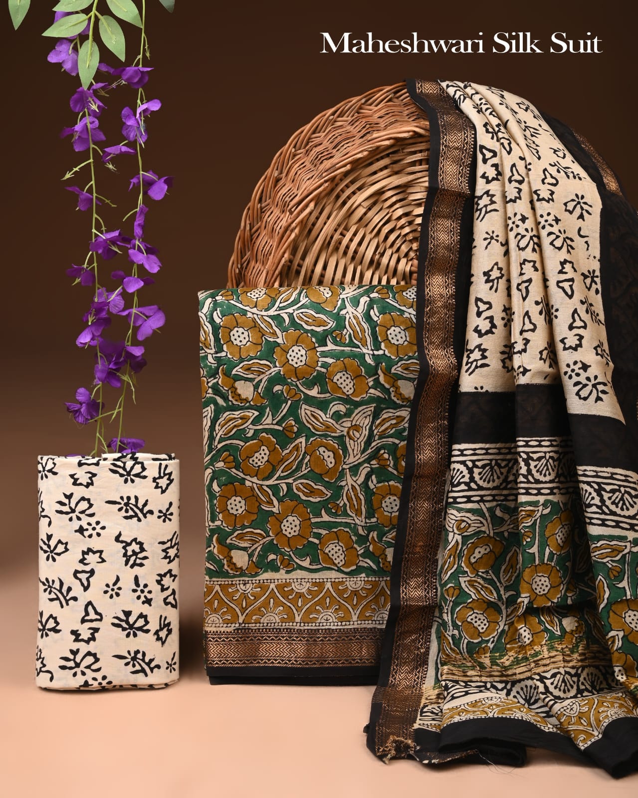 Exclusive Hand Block Printed Maheshwari Silk Suit