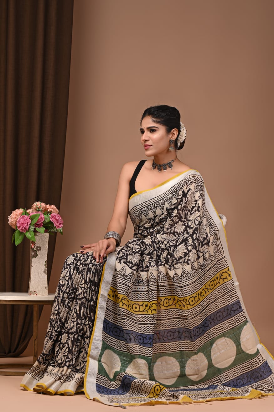 Pure Linen Saree With Traditional Prints