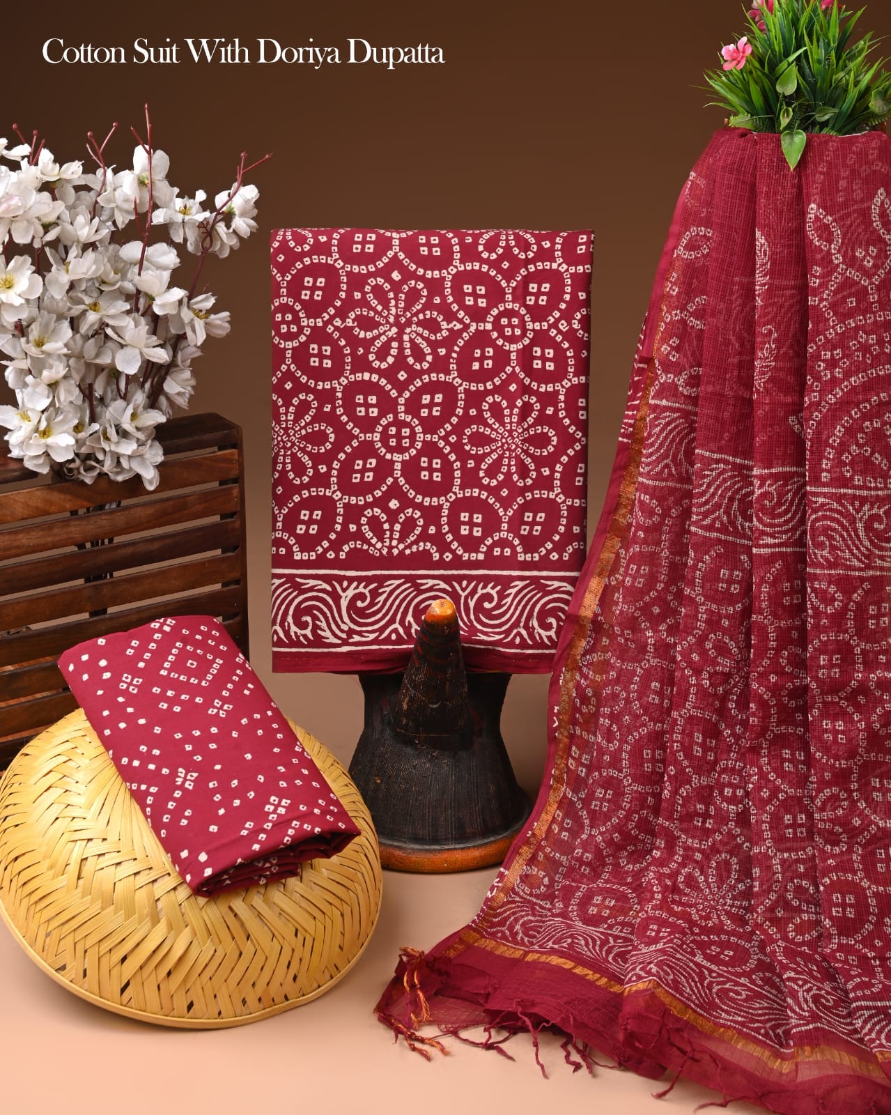 Hand Block Printed Cotton Suit With Kota Doria Dupatta