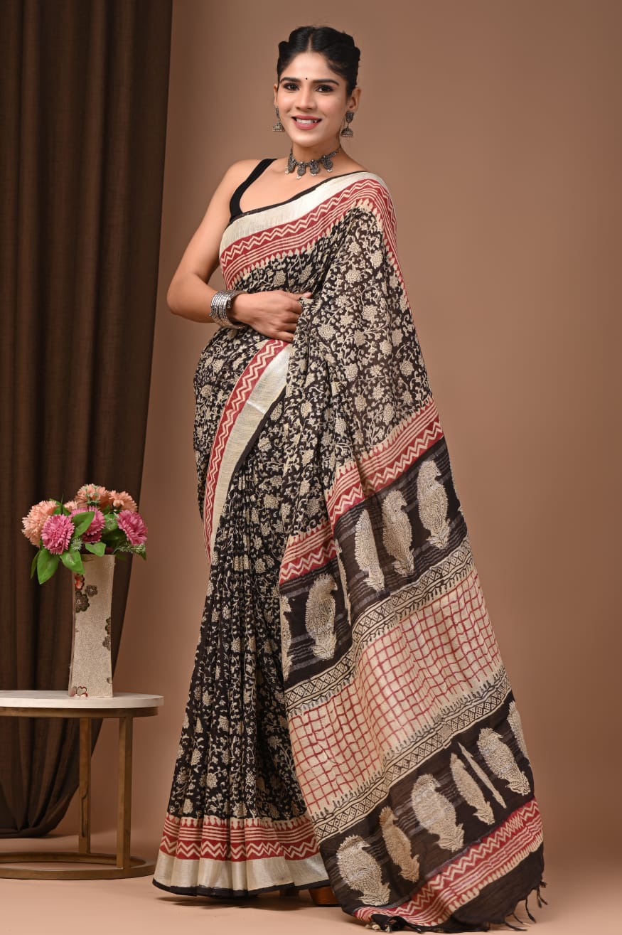 Pure Linen Hand Printed Saree - Elegance In Every Thread