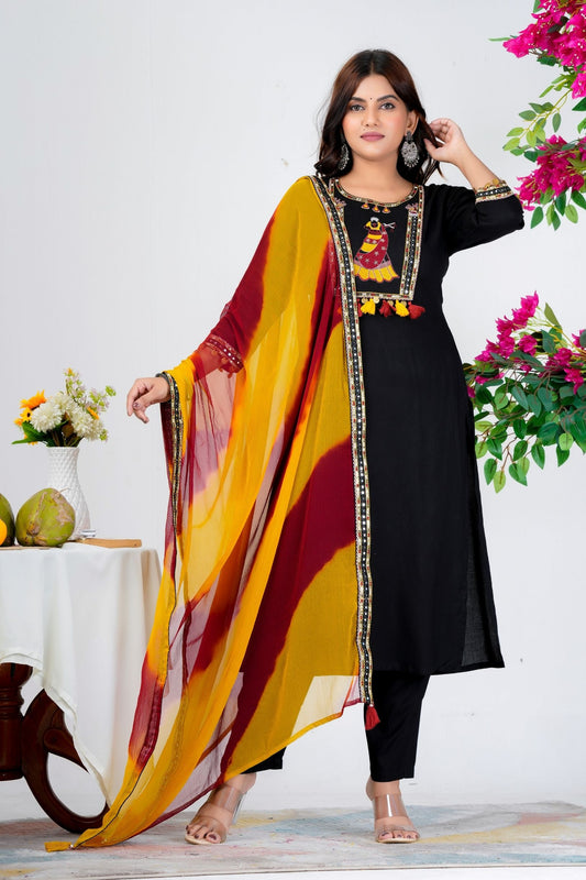 Pure Cotton Kurta With Trousers & Chiffon Dupatta