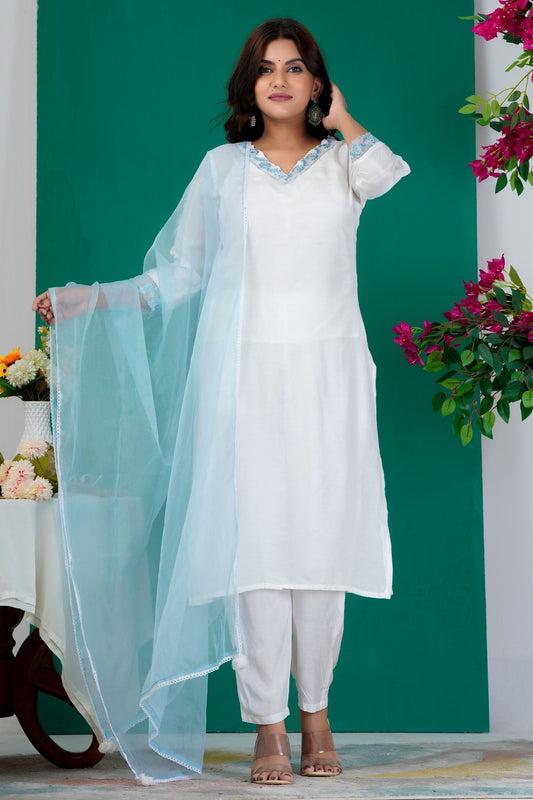 White Pure Cotton Kurta Set With Organza Dupatta