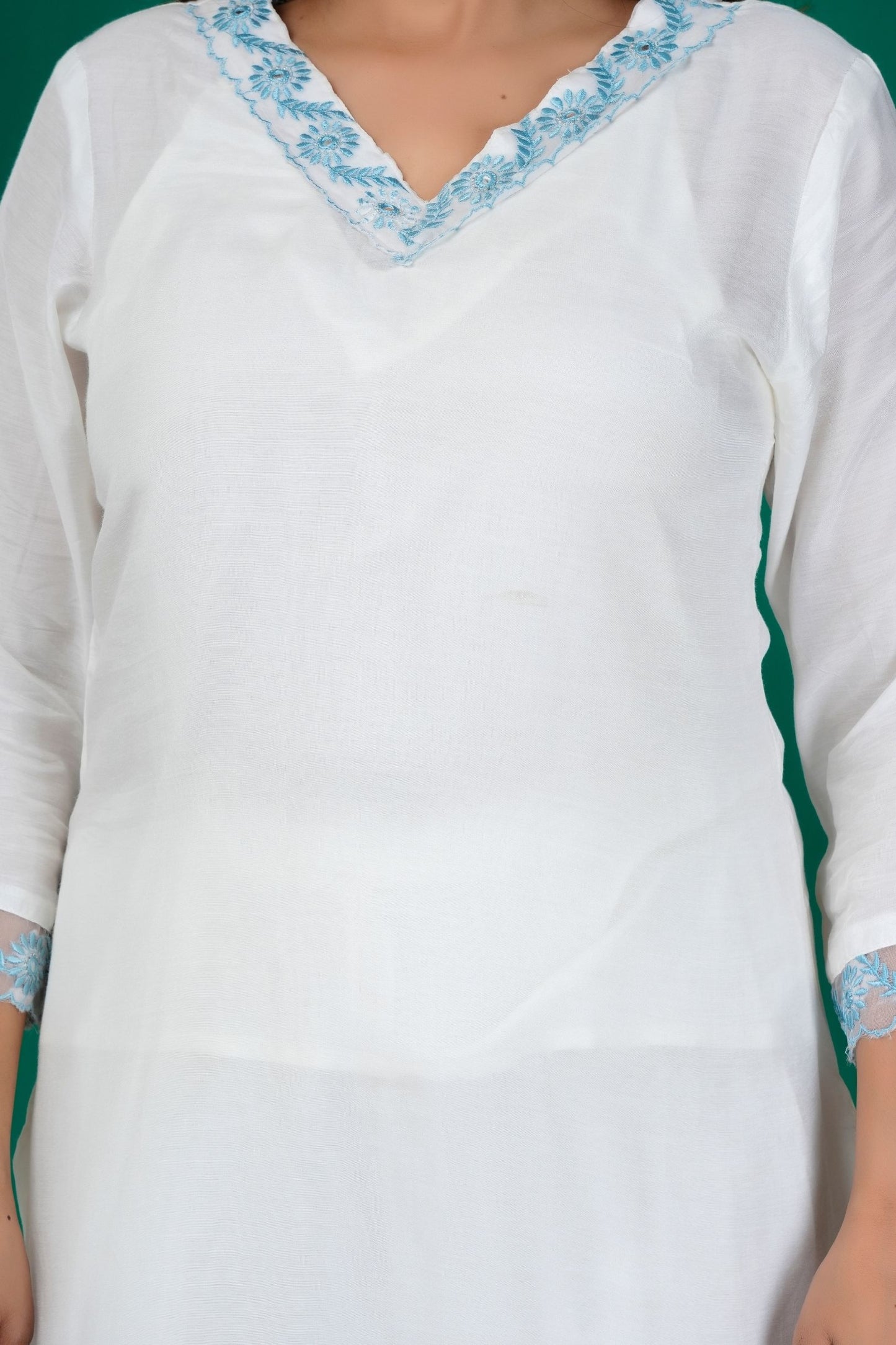 White Pure Cotton Kurta Set With Organza Dupatta