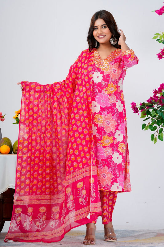 Floral Printed Pure Cotton Kurta With Trousers & Mulmul Dupatta 3