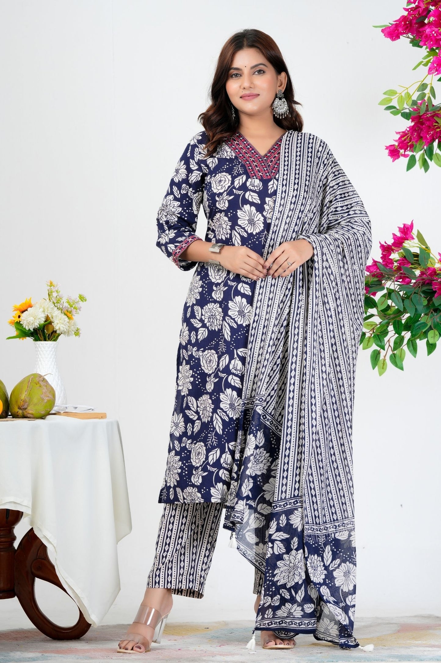 Floral Printed Pure Cotton Kurta Set With Mulmul Dupatta