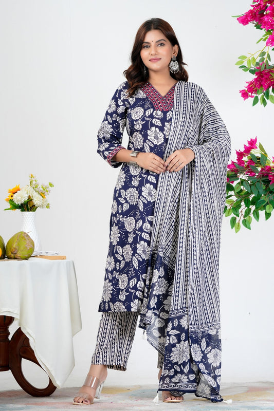 Floral Printed Pure Cotton Kurta Set With Mulmul Dupatta