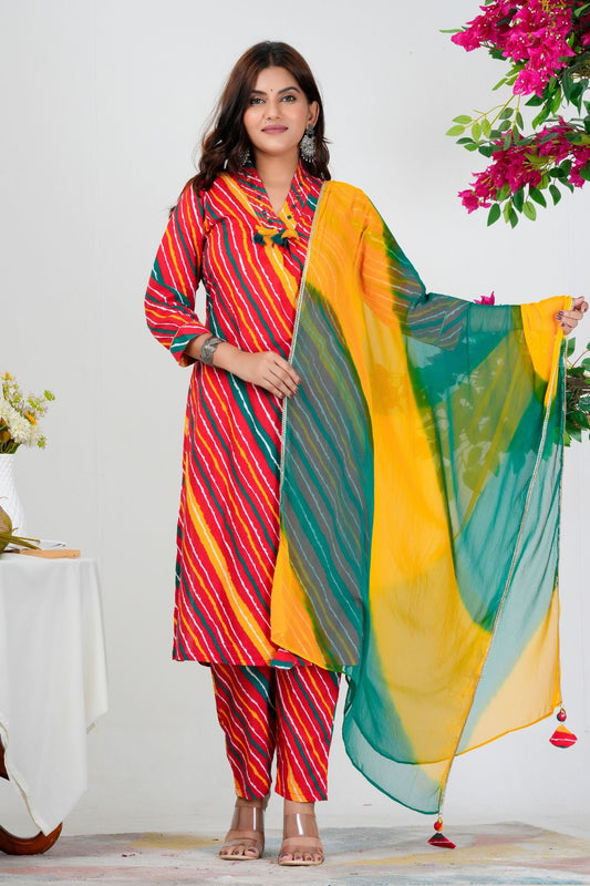 Jaipuri Lahriya Print Pure Cotton Kurta Set With Dupatta