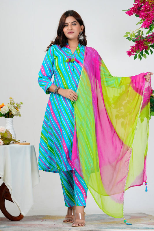 Jaipuri Lahriya Pure Cotton Kurta Set With Dupatta