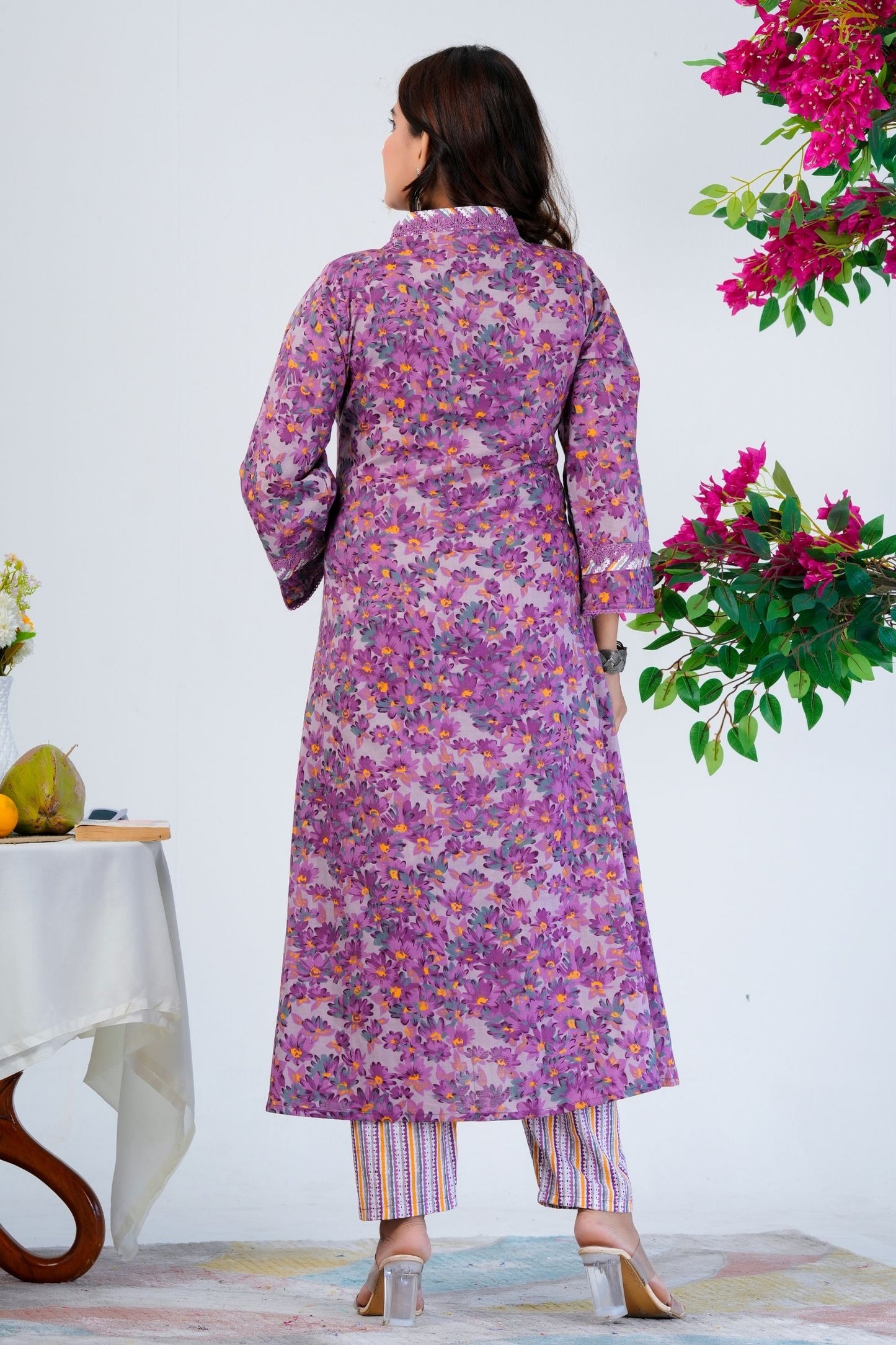 Floral Printed Pure Cotton Kurta With Trousers & Mulmul Dupatta