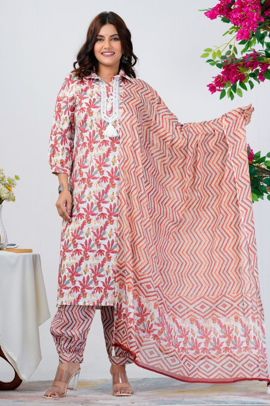 Floral Printed Pure Cotton Kurta With Trousers & Mulmul Dupatta 4