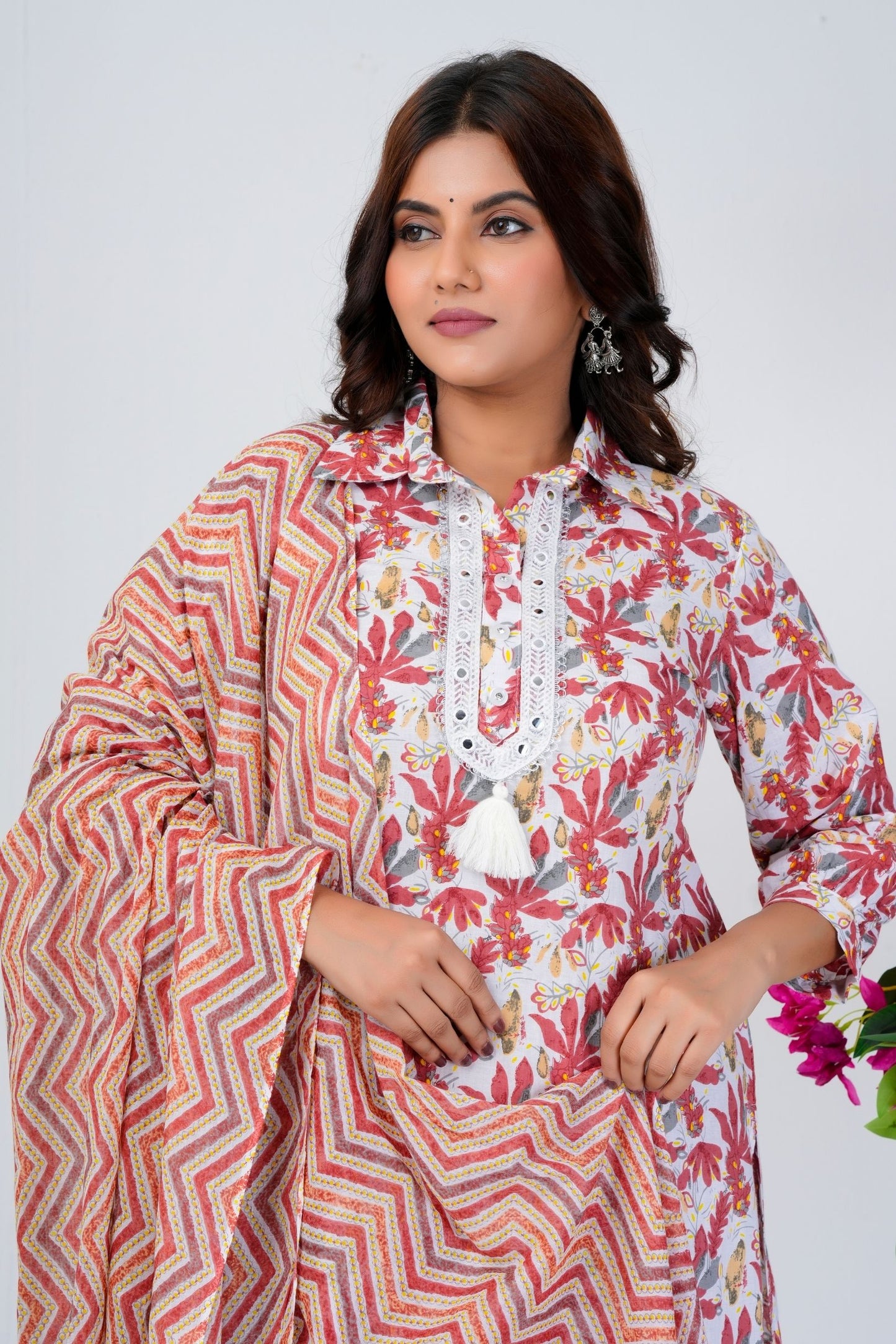 Floral Printed Pure Cotton Kurta With Trousers & Mulmul Dupatta 4