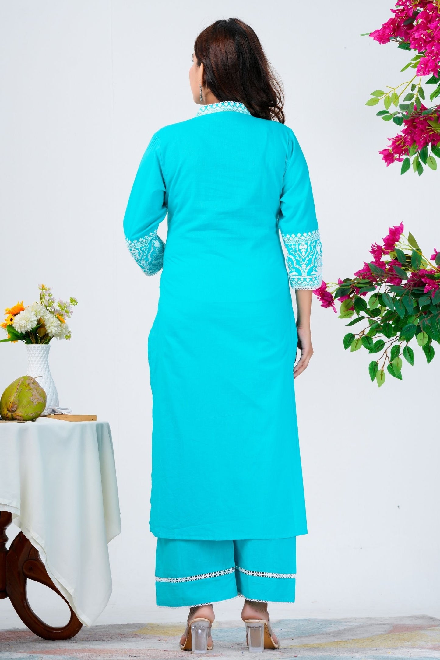 Pure Cotton V Neck With Embroidery Work Kurta With Trousers & Dupatta